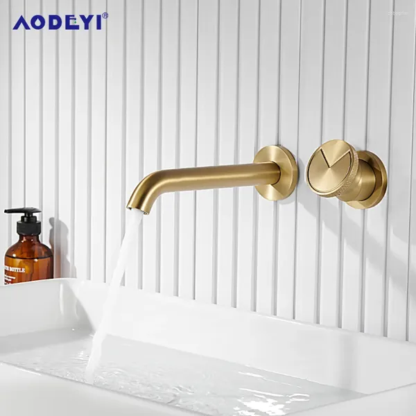 Robinets d'évier de salle de bains, robinet mitigeur de lavabo mural en laiton noir mat avec poignée unique et eau froide, ensemble en or brossé
