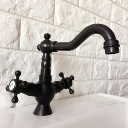 Grifos para lavabo de baño, grifo para lavabo/un solo orificio, montado en cubierta, bronce frotado con aceite negro, 2 manijas cruzadas, grifos mezcladores con caño giratorio Tnf362