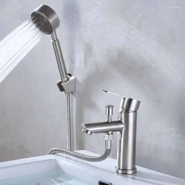 Robinets d'évier de salle de bains, robinet de lavabo en acier inoxydable, robinet mitigeur à poignée unique avec pomme de douche, buse de Valve d'eau froide, baignoire