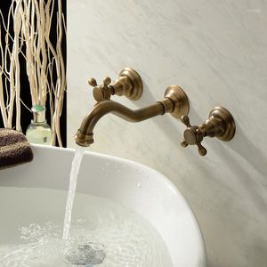 Robinets de lavabo de salle de bains, robinet de lavabo mural chromé à double poignée 3 trous, vanité en laiton massif