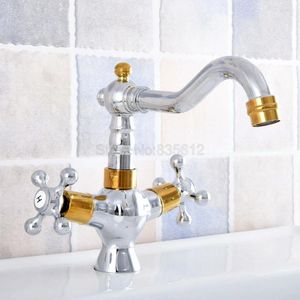 Robinets d'évier de salle de bains, lavabo en laiton chromé poli or robinet d'eau robinet à double poignée croisée froide et Tsf811