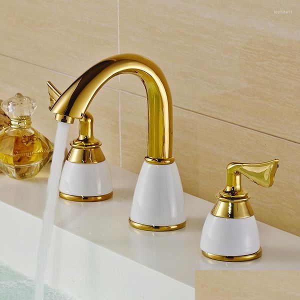 Grifos para lavabo de baño Grifos para lavabo de baño, lavabo, latón dorado pulido, grifo moderno hecho con doble manija, grifos mezcladores para encimera de baño de 3 orificios Dh1Q7