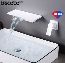 Robinets de lavabo de salle de bain BECOLA mitigeur mural moderne, robinet d'évier mélangeur cascade de bain avec grande plate-forme d'étagère, robinets de lavabo noir mat blanc Q240301