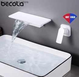 Grifos para lavabo de baño BECOLA, grifo mezclador moderno para montaje en pared, grifo para fregadero, mezclador, baño en cascada con plataforma de estante grande, grifos para lavabo blanco y negro mate Q240301