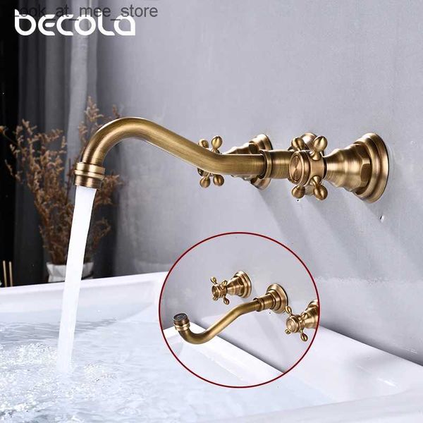 Grifos del fregadero del baño BECOLA manija de dos manos grifo del baño de tres orificios accesorios de mejoras para el hogar de bronce antiguo grifo del baño de latón rotación 360 Q240301