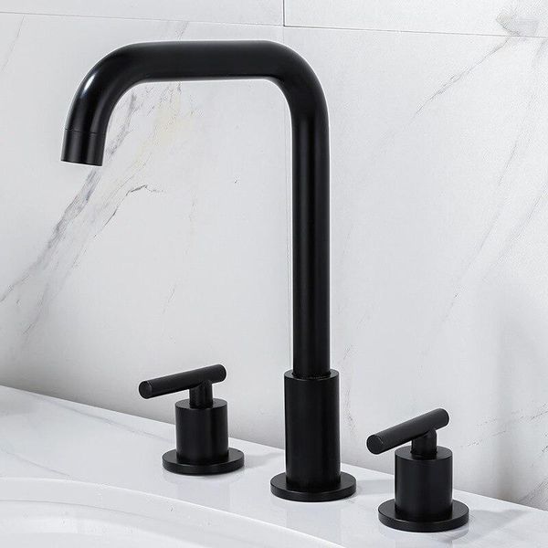 Grifos de lavabo de baño grifo negro de 3 hoyos y batidora de agua fría para lavabo la cubierta del toque de la cuenca de latón.