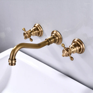 Grifos de fregadero de baño Black Antique Wail Monte de pared 3 PCS Grifo Dual Manijas de agua Tapones de agua Ducha de latón Integrado