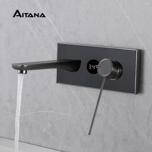 Grifos de lavabo de baño Grifo de latón negro Pantalla digital Panel de vidrio Diseño de tipo de pared Manija única y lavabo de control dual frío