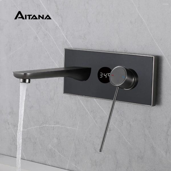 Grifos de lavabo de baño Grifo de latón negro Pantalla digital Panel de vidrio Diseño de tipo de pared Manija única y lavabo de control dual frío