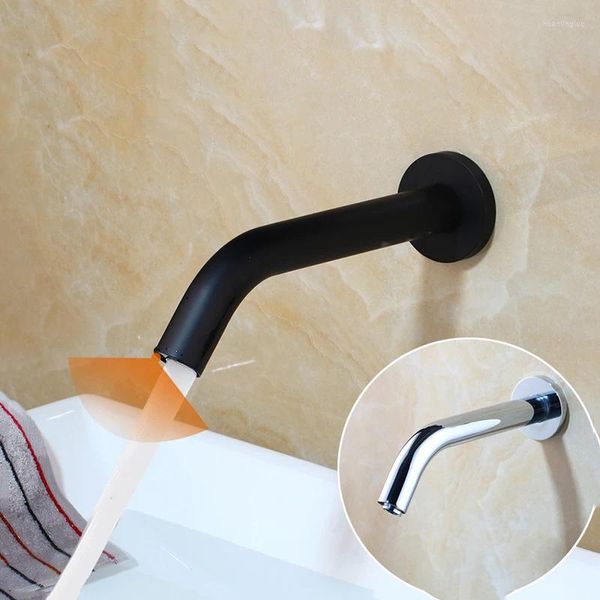 Grifos de lavabo de baño, grifo de lavabo cromado negro, Sensor de montaje en pared, manos libres automáticas, grifo de agua fría