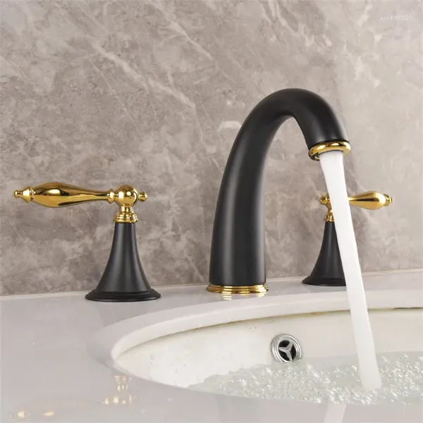 Grifos de lavabo de baño Grifo de latón de oro negro Tres orificios Dos manijas Mezclador de lavabo de agua fría Diseño de grifo Buena calidad