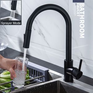Bathroom Sink Faucets Black Kitchen Faucet Single Hole Pull Out Spout Mixer Tap Stream Sprayer Head Chrome Ta 230616