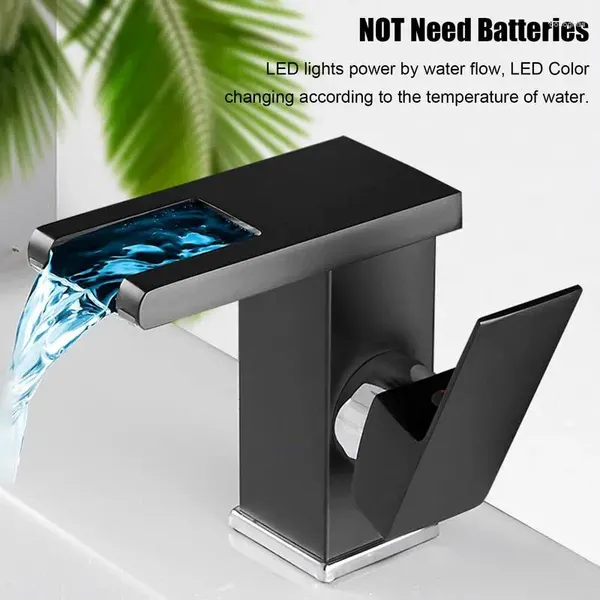 Robinets d'évier de salle de bains, robinet de lavabo à LED noir, robinet de flux d'eau froide et d'eau, produit de l'électricité, cascade de lavage