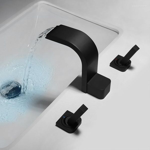 Grifos de lavabo de baño Black Luxury Lux Luxur Waucet Brass Dual manijas duales y mezcladora fría Toque Tres agujeros de cascada Taps