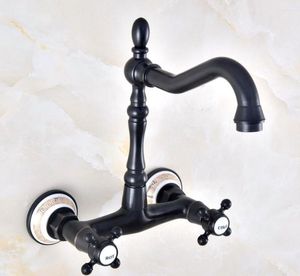 Robinets De Lavabo De Salle De Bains Noir Huilé En Laiton Antique Robinet De Bassin De Cuisine Mitigeur Bec Pivotant Fixé Au Mur Double Poignées Croisées Mnf456