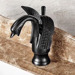 Grifos de lavabo de baño, grifo mezclador de lavabo de estilo cisne de latón frotado con aceite negro, grifo de un solo orificio, una manija Mnf030