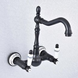 Robinets d'évier de salle de bain Huile Black Frotted Brass Kitchen Basin Robinet mélangeur Tap pivotant SPOUT MUR MURD DIAL CERAMIC GRANDES MSF711