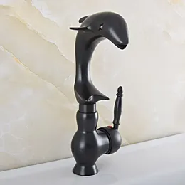 Robinets de lavabo de salle de bain Black Frotbed Brass Basin Dolphin Faucet Vanity Mixer Taps Pont monté