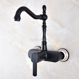 Badkamer wastafel kranen zwarte olie gewreven messing muur gemonteerde bassin kraan enkele handgrepen 360 ° draaipunt koude water mixer tap tnf876