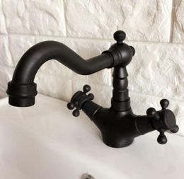 Robinets De Lavabo De Salle De Bains Noir Laiton Huilé Bec Pivotant Double Poignées Croisées Cuisine Bar Navire Bassin Robinet Mitigeur Anf346