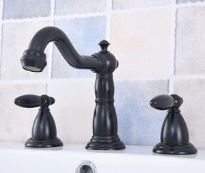 Robinets d'évier de salle de bains en laiton frotté à l'huile noire, double leviers largement répandus à 3 trous, installation de robinets mélangeurs de lavabo Asf533