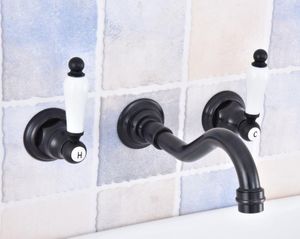 Grifos de lavabo de baño, latón aceitado negro, 2 manijas de cerámica, montaje en pared, 3 orificios, grifo de lavabo generalizado, grifo mezclador Dsf495