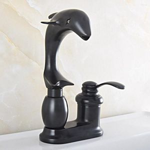 Grifos de lavabo de baño Latón aceitado negro Forma de delfín Lavabo de dos agujeros Tocador de cocina 4 