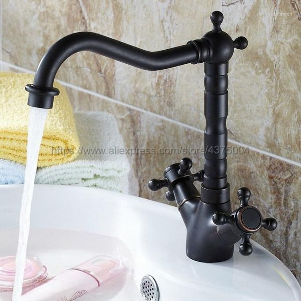 Robinets de lavabo de salle de bain Robinet en laiton huilé noir Bec pivotant à 360 degrés Double poignée en croix Mitigeur de vanité Nsf076
