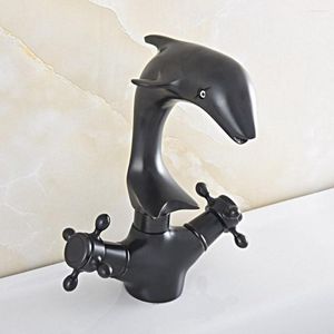 Badkamer wastafel kranen zwarte olie gewreven bronzen zwenkspuit dubbele kruisgrepen schattige dieren dolfijn stijl keuken kraan mixer tap asf846