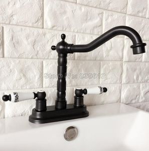 Robinets de lavabo de salle de bain Noir Bronze huilé Bec pivotant Robinet de cuisine Lavabo à double poignée Mitigeurs 2 trous Whg070