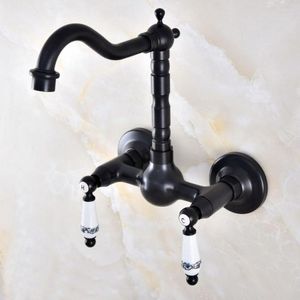 Robinets De Lavabo De Salle De Bains Noir Bronze Huilé Robinet De Cuisine Mitigeur Bec Pivotant Fixé Au Mur Deux Poignées Mnf866