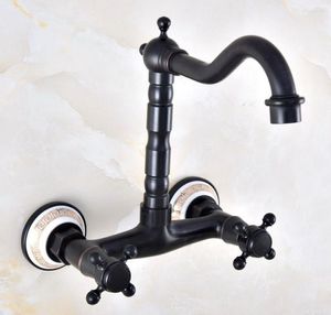 Robinets De Lavabo De Salle De Bains Noir Bronze Huilé Robinet De Cuisine Mitigeur Bec Pivotant Fixé Au Mur Deux Poignées Mnf872