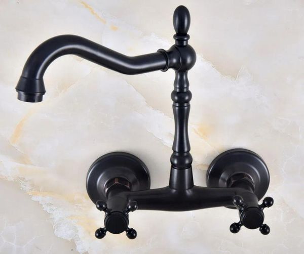 Grifos de fregadero de baño Aceite negro Frotado de bronce Meladera de grifo para grifo Toque Supulto de pared montado doble manijas MNF820