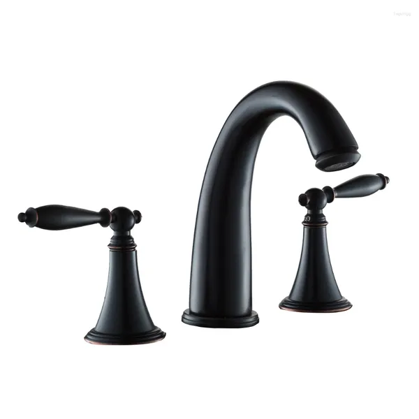 Grifos del fregadero del baño Pintura negra Lavabo de latón macizo Grifo mezclador de agua fría 3 PCS Manijas duales Grifo montado en cubierta