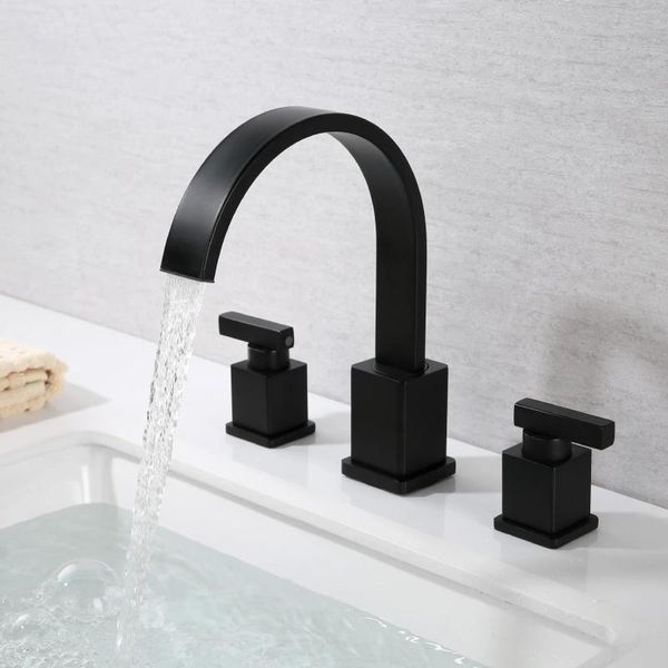 Grifos de lavabo de baño Grifo de latón macizo negro Mezclador de agua fría Tres agujeros Dos manijas con escurridor