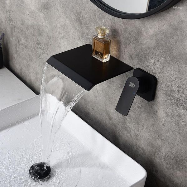 Grifos de lavabo de baño, grifo de lavabo de cascada negro montado en la pared, diseño moderno, grifo mezclador de agua fría, accesorios Grifo HX50BF