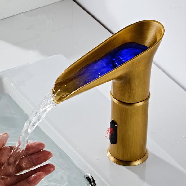 Grifos de lavabo de baño, grifo de lavabo de inducción automático de latón, Sensor inteligente infrarrojo, grifos de cascada, manos libres y LED frío