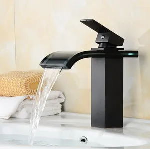Robinets d'évier de salle de bain en laiton noir de verre noir papin d'eau robinet de cascade pour le mélangeur b3288