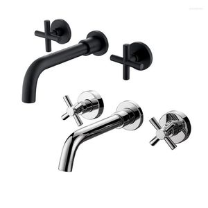 Badkamer wastafel kranen messing dubbele kruisgreep in wandgemonteerde bassin kraan en koud water mixer tap badtub accessoires