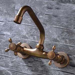 Robinets d'évier de salle de bains, robinet de lavabo mural en Bronze, robinet de ménage Antique mural et eau froide de haute qualité rotatif