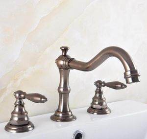 Robinets d'évier de salle de bains, Bronze huilé marron monté sur le pont, double poignées, robinet de lavabo à 3 trous largement répandus, robinets d'eau Mnf589