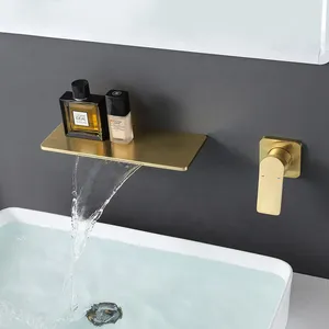 Robinets d'évier de salle de bains, robinet de lavabo en laiton doré brossé, sortie de cascade et eau froide, interrupteur indépendant mural fendu