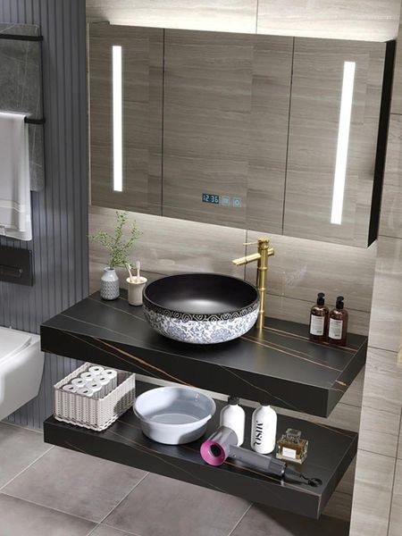 Robinets d'évier de salle de bains, combinaison d'armoire, double couche, plaque de pierre, lavabo de table rétro