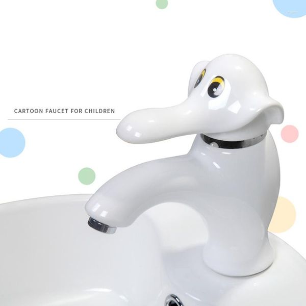 Grifos de lavabo de baño, elefante de dibujos animados para niños, grifo de lavabo de latón blanco/verde de cerámica, grifo mezclador de agua fría colorido