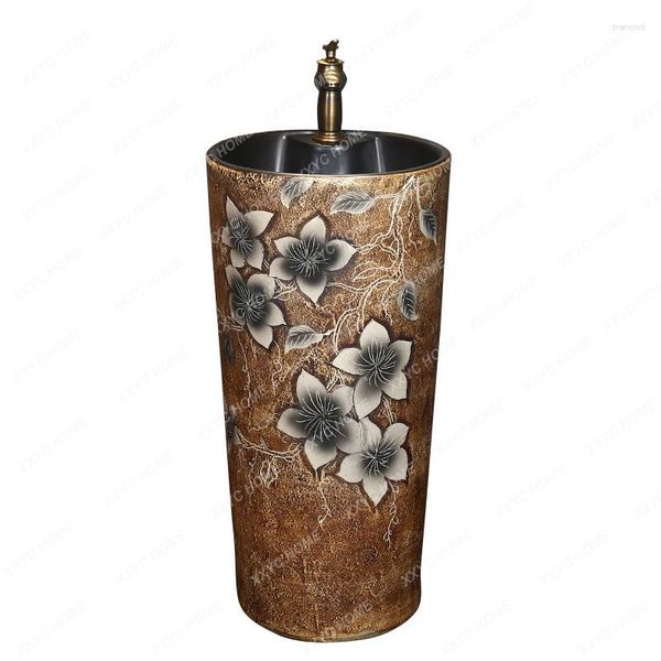 Grifos de lavabo de baño, lavabo de columna de cerámica con diseño de arte tallado chino