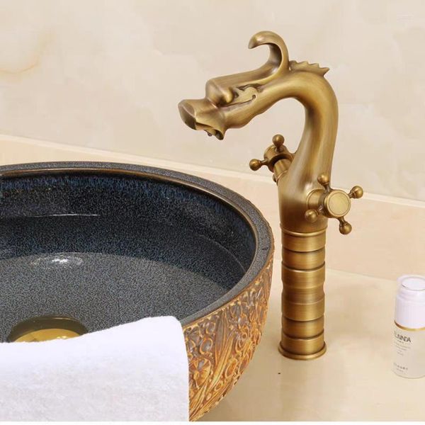 Grifos de lavabo de baño Estilo chino Aleación de cobre Dragon Spit Water Basin Faucet Doble manija y lavado mezclado en frío