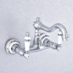 Robinets d'évier de salle de bains Chrome Fixation murale Bassin Bain Double Poignée Double Trou Lavabo Mitigeur D'eau Nsf768