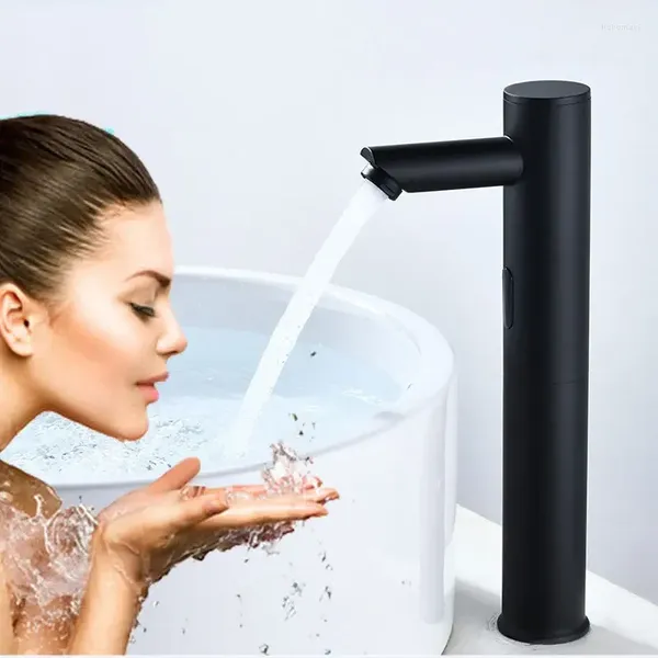 Robinets d'évier de salle de bains en cuivre, capteur automatique, lavabo simple froid noir, lavage des mains intelligent à infrarouge