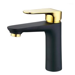 Grifos de lavabo de baño, grifo de cobre frío y lavabo, grifo de placa de cerámica de oro negro, carrete de soporte único, grifo de agua con orificio 1