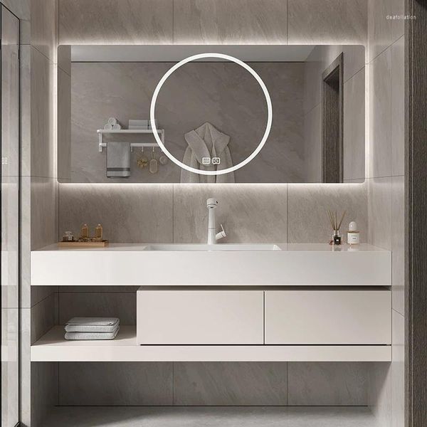Robinets de lavabo de salle de bain combinaison armoire de style crème moderne plaque de pierre minimaliste bassin en céramique sans couture